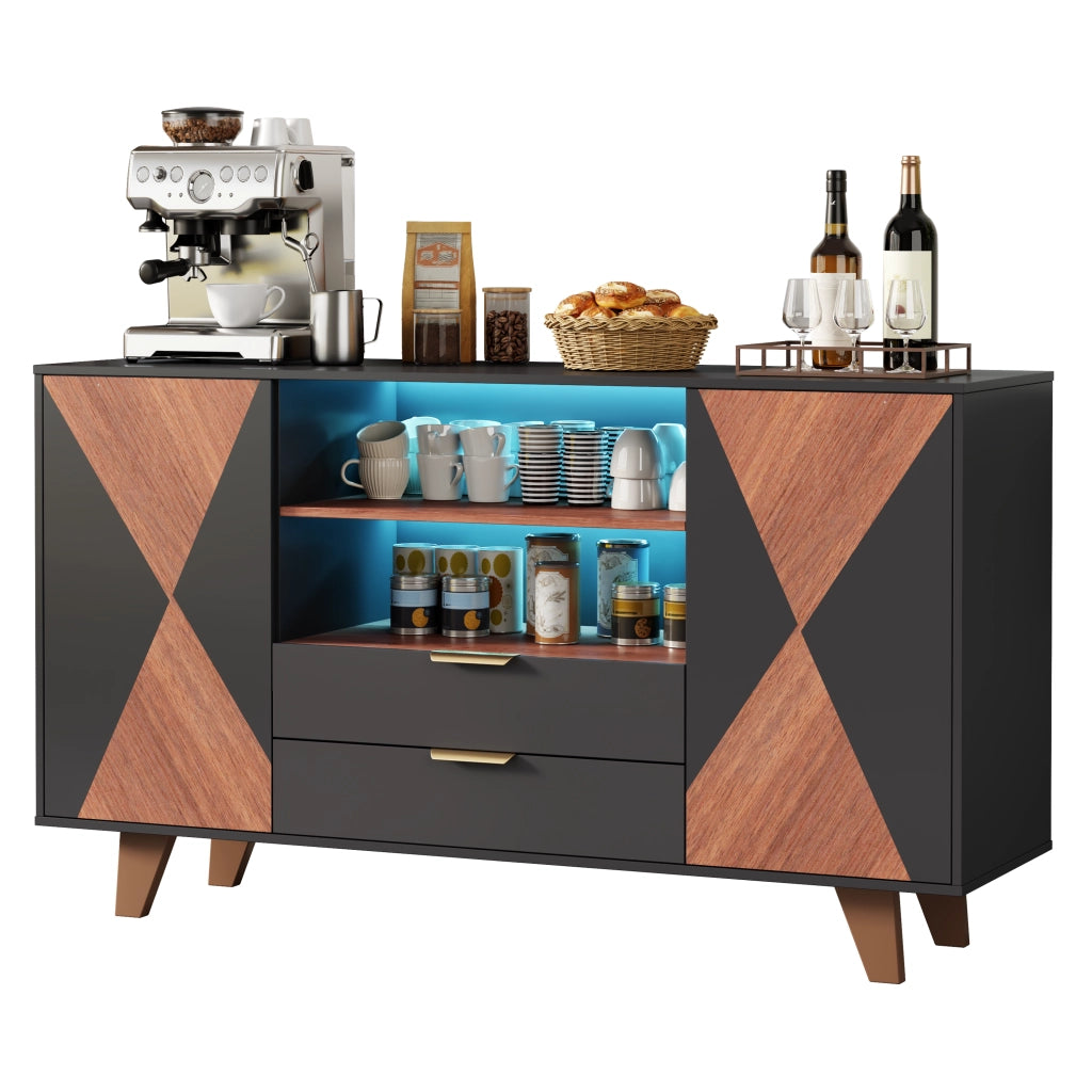 Credenza da cucina LED con 2 cassetti, ripiani regolabili e vani aperti, MDF naturale e nero, 150 × 40 × 90 cm