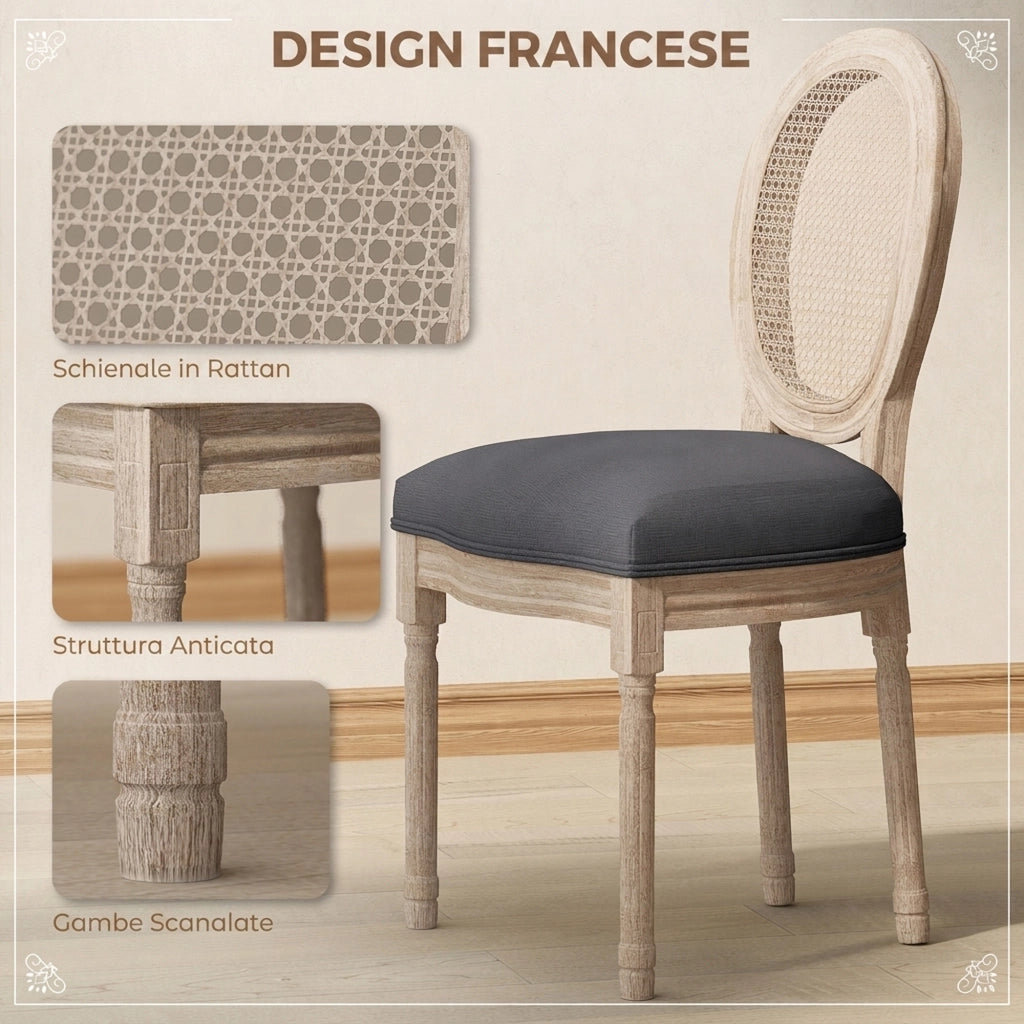 Set 2 Sedie Sala da Pranzo 49x56x96 cm con Schienale in Rattan Traforato Gambe in Legno in Tessuto Effetto Lino Grigio