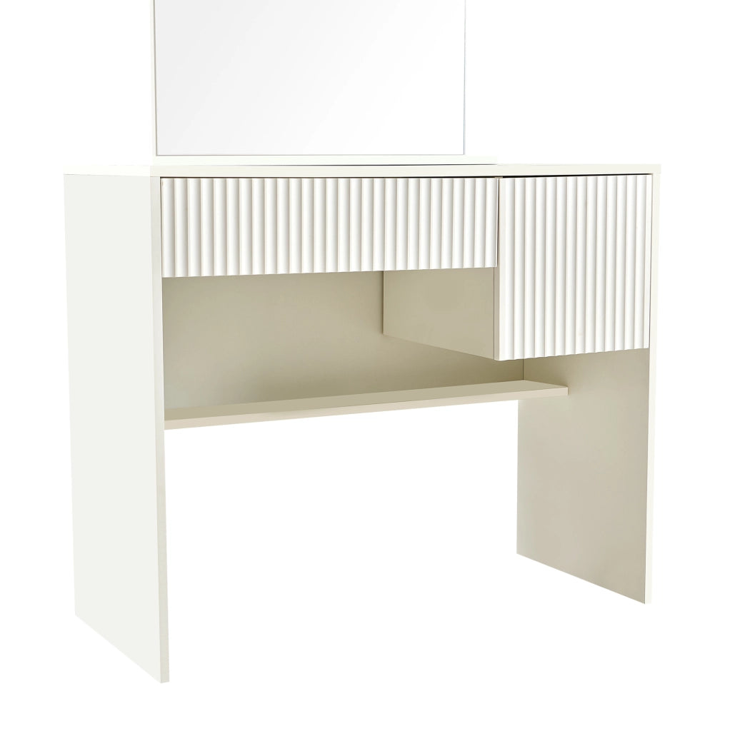 Tavolo da trucco 90x40x135 cm con specchio arcuato e 2 cassetti in MDF bianco