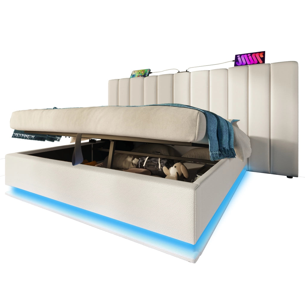 Letto matrimoniale contenitore 160 × 200 cm con LED e ricarica USB tipo C in PU bianco con rete a doghe