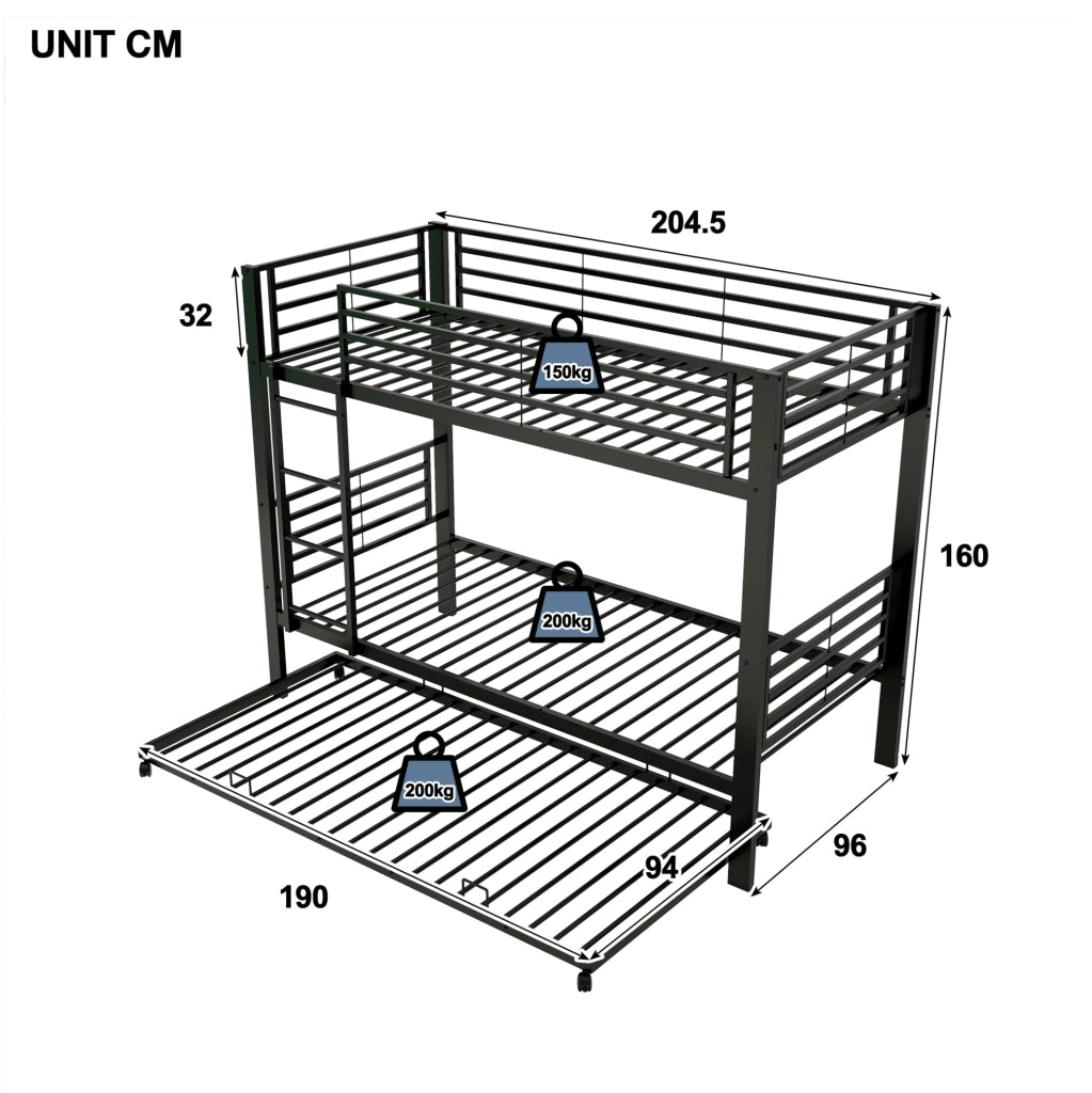 Letto a castello 3 posti 90x200 cm in metallo con letto estraibile 90x190 cm nero HOMVRA
