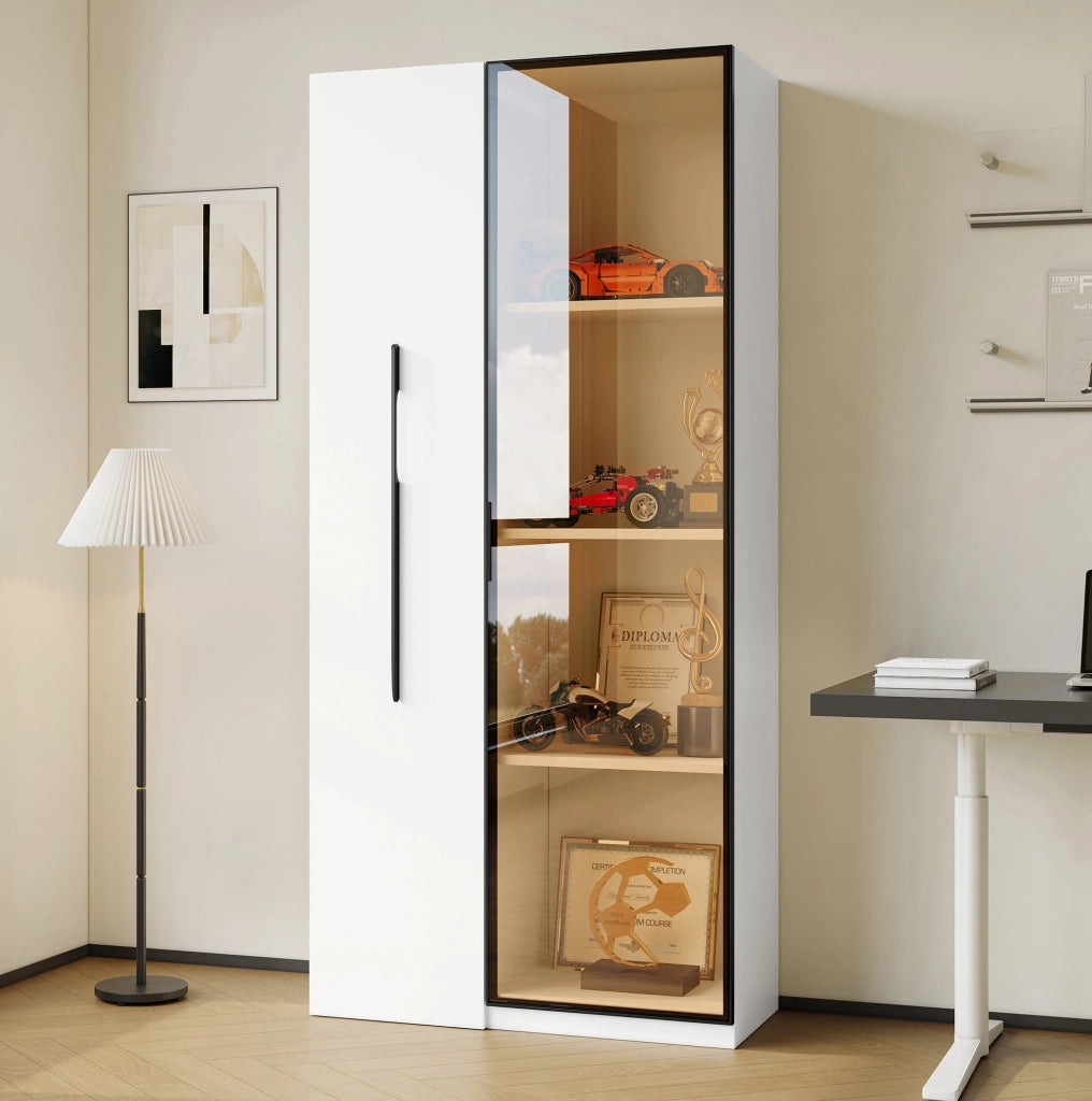 Mobile multifunzione 70 x 40 x 160 cm con libreria estraibile; vetrina LED e vetro temperato; MDF bianco
