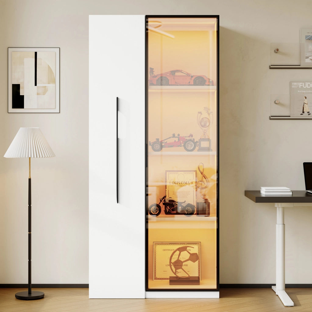Mobile multifunzione 70 x 40 x 160 cm con libreria estraibile; vetrina LED e vetro temperato; MDF bianco
