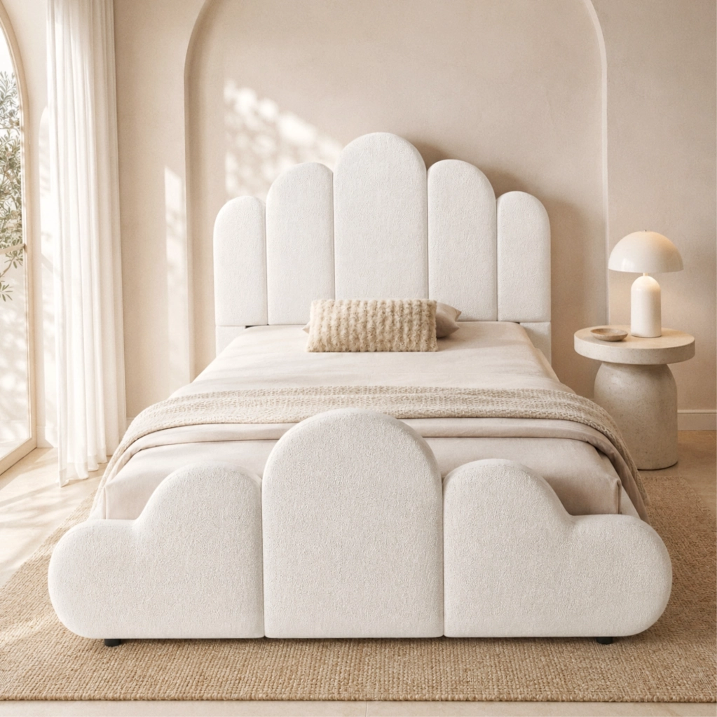 Letto singolo imbottito bouclé beige 90x200 cm