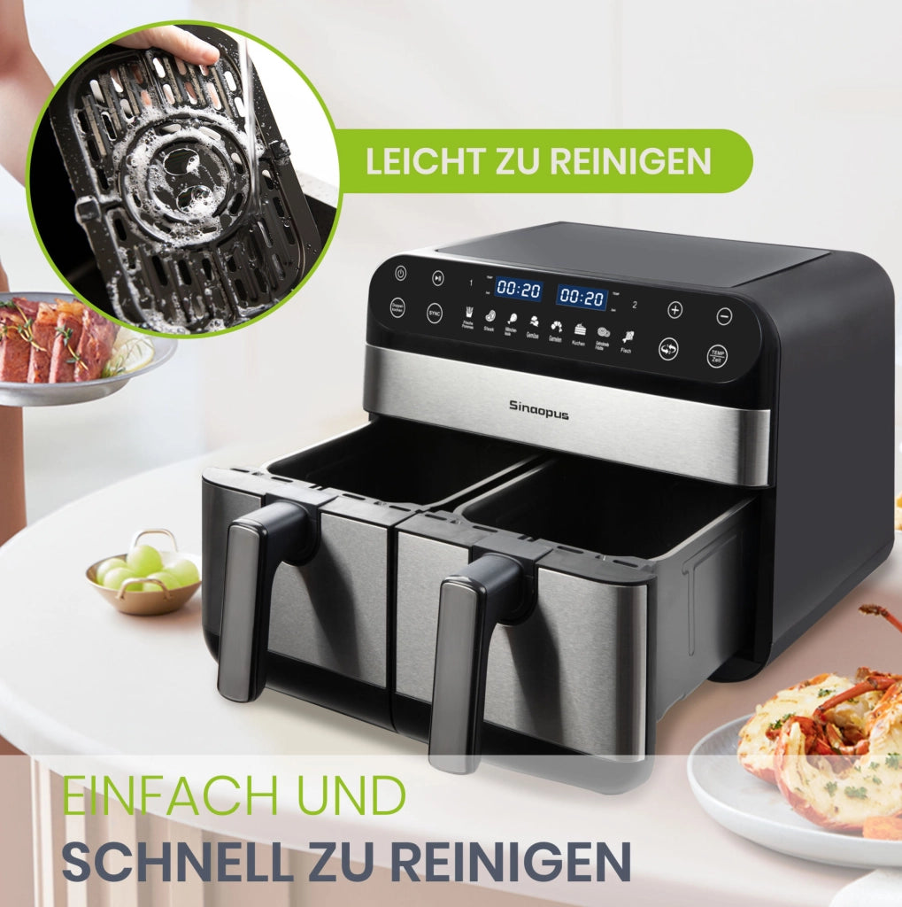 Friggitrice ad aria 10 L nera ABS e PC, doppio cestello e 8 programmi