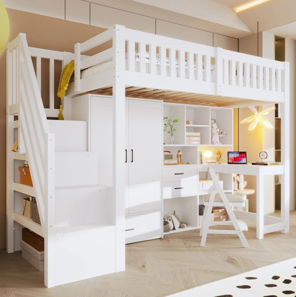 Letto a soppalco 90x200 cm con scrivania; armadio e cassetti bianco HOMVRA