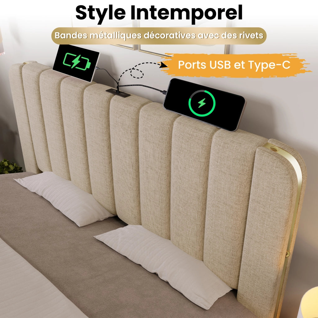 Letto contenitore singolo 90 × 200 cm con USB; Type-C e testiera imbottita; senza materasso; rivestito in lino beige