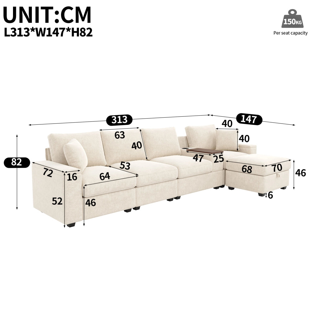 Divano modulare a L 313 x 147 x 82 cm con pouf e USB; ciniglia beige