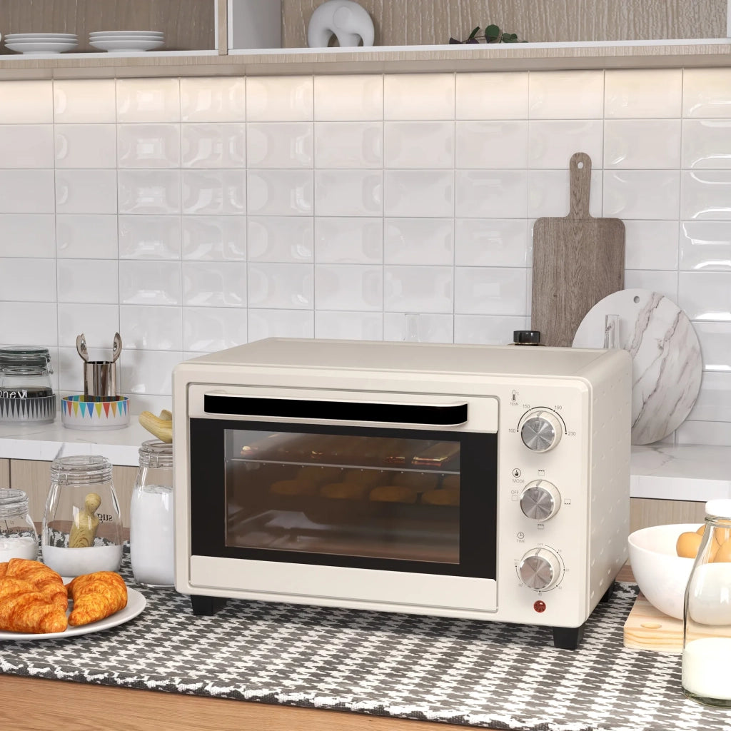 Mini Forno Elettrico 21L con Girarrosto, 3 Modalità, 100-230°C, in Acciaio Inox e Vetro, Colore Crema, Include 1 Griglia e 1 Teglia