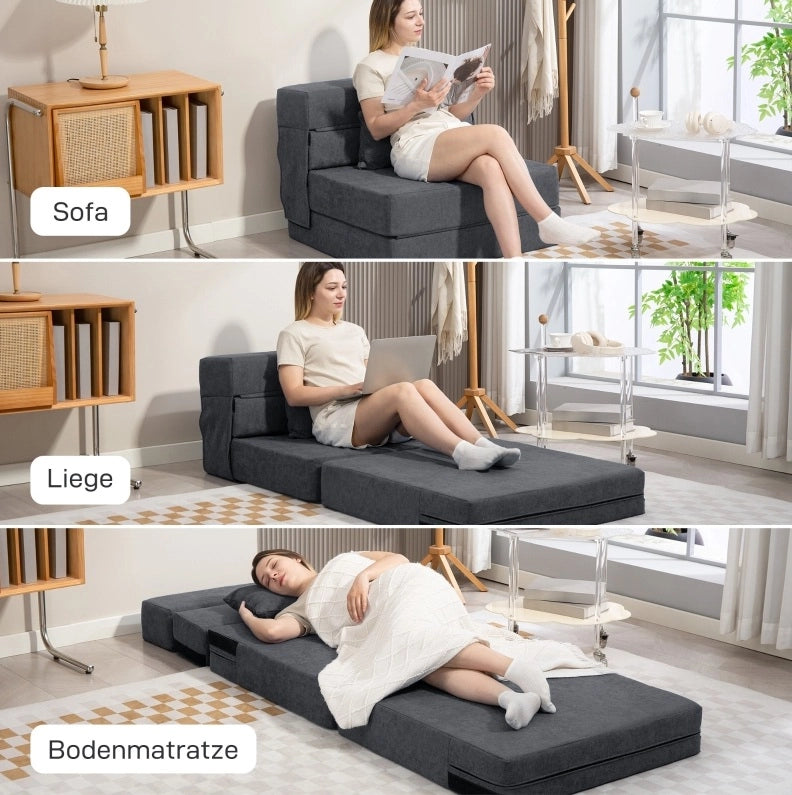 Poltrona Relax 3 in 1 con funzione letto, rivestimento in flanella grigio scuro, con cuscino lombare, ideale per soggiorno