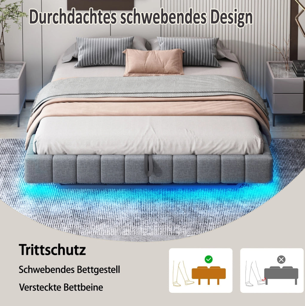 Letto matrimoniale imbottito 180x200 cm con contenitore, LED, effetto sospeso, grigio