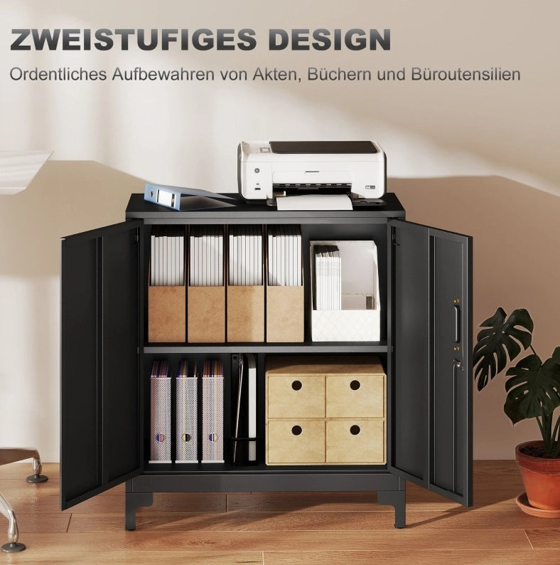 Armadio da ufficio in metallo con porte chiudibili, design a 2 livelli, colore nero