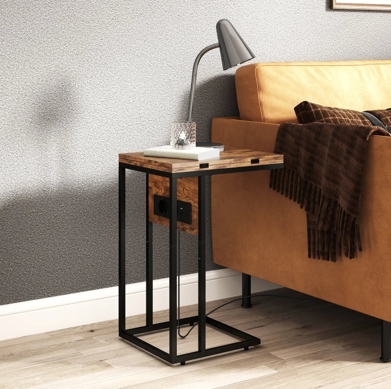 Tavolino pieghevole con stazione di ricarica USB, metallo e pannello marrone 39x29x57 cm