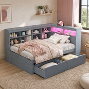 Letto singolo con cassetti 90 × 200 cm con ripiani laterali USB LED a colori in legno grigio con 15 doghe