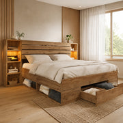 Letto matrimoniale con contenitore 160 x 200 cm con 2 cassetti e testiera con ripiani, USB/Type-C e LED, letto matrimoniale con rete inclusa, rovere