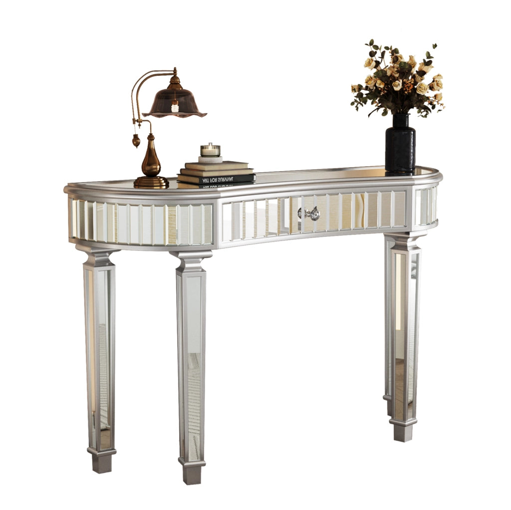 Consolle a mezzaluna con specchio 120x38x78 cm con cassetto; vetro scanalato grigio e argento HOMVRA