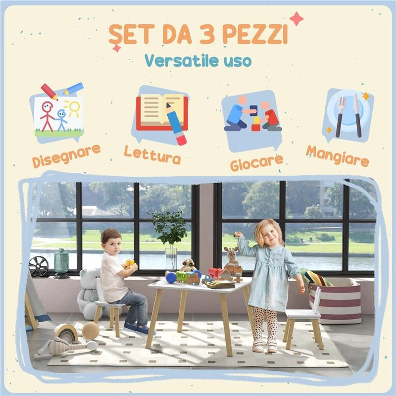 SET TAVOLO E 2 SEDIE PER BAMBINI CON SCHIENALE A ORECCHIE DI CONIGLIO, ETÓ 3-6 ANNI, BIANCO