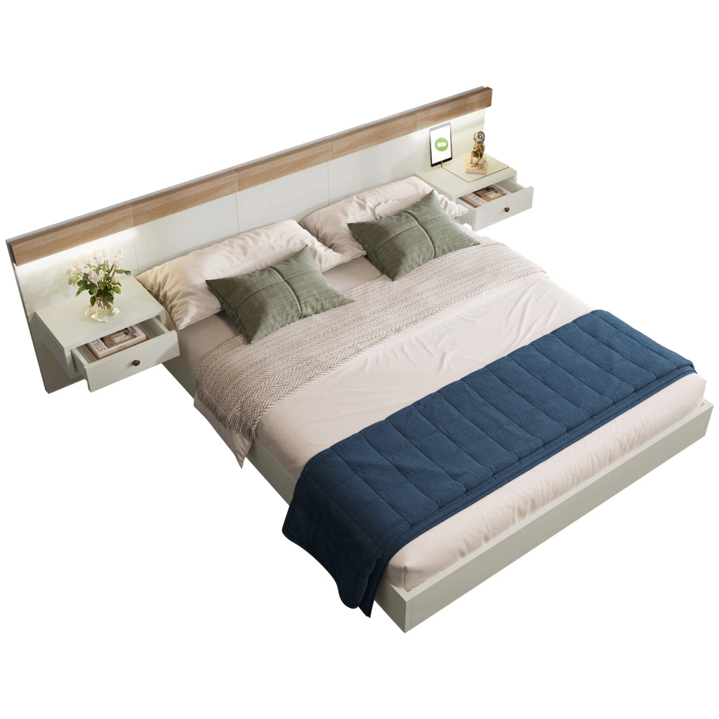 Set letto completo; 180x200cm; con 2 comodini LED e USB C; bianco quercia