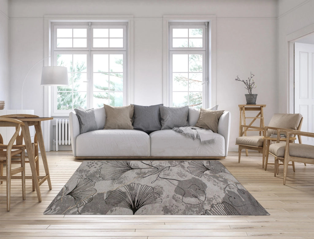 Tappeto Arredo Moderno Morbido in Ciniglia Ingresso Antiscivolo Prodotto Italiano  Soggiorno Camera Salotto Disegni Piazzati Cotone Varie Misure Grande Ginko/Perla - 160x240 cm