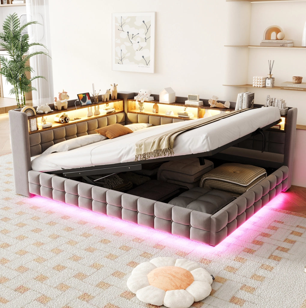 Divano letto imbottito multifunzione con contenitore, LED e prese