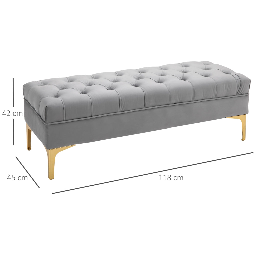 Panca imbottita 118x45x42 cm in velluto grigio chiaro con gambe dorate