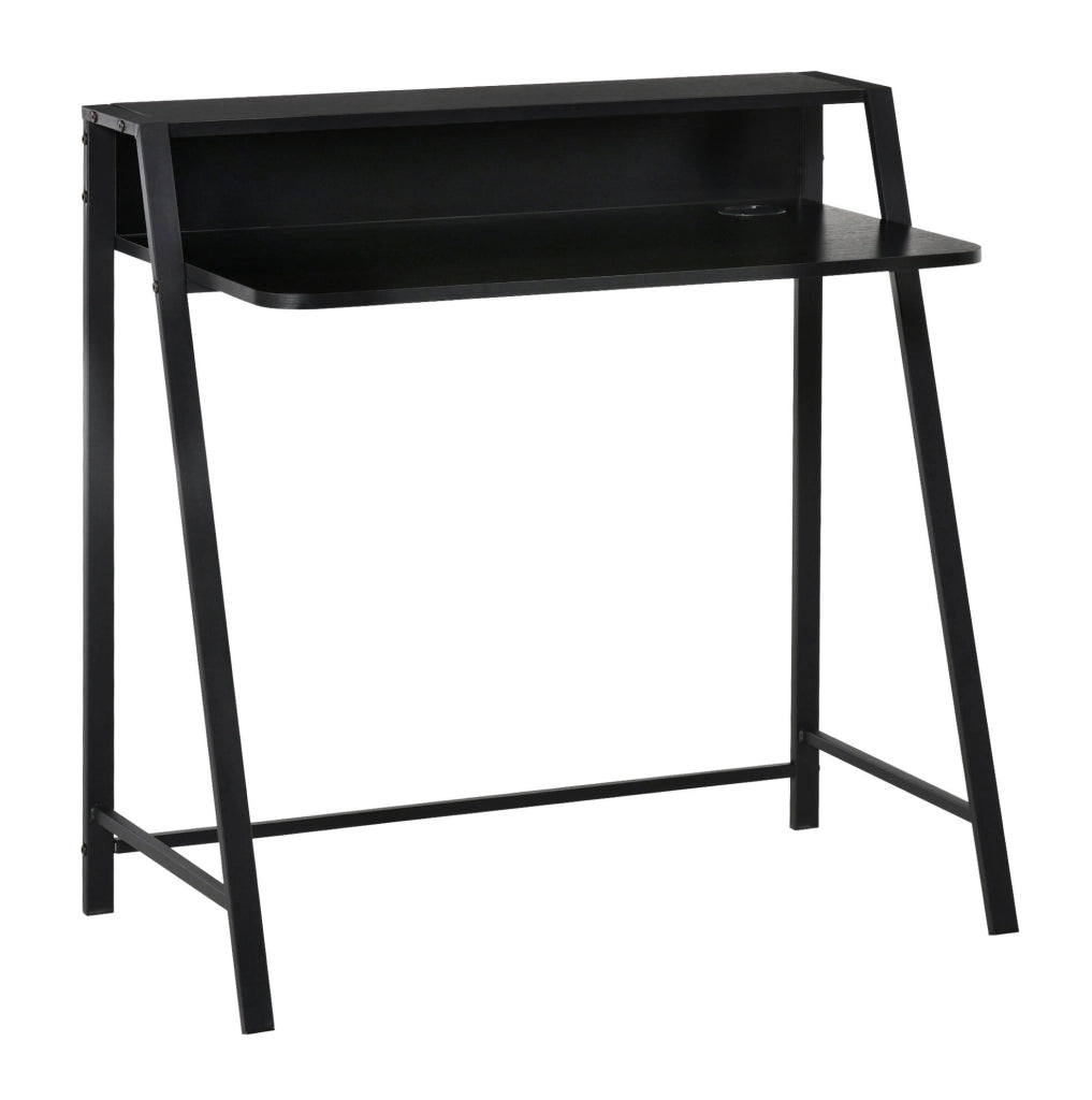 Scrivania minimalista nera in metallo con ripiano e gestione cavi 84x45x85 cm per ufficio e studio