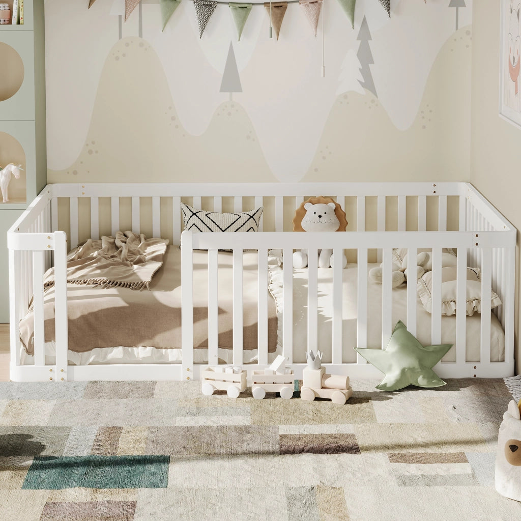 Letto per bambini 90 × 200 cm 1 posto con recinto di sicurezza, senza materasso, in legno di pino, bianco