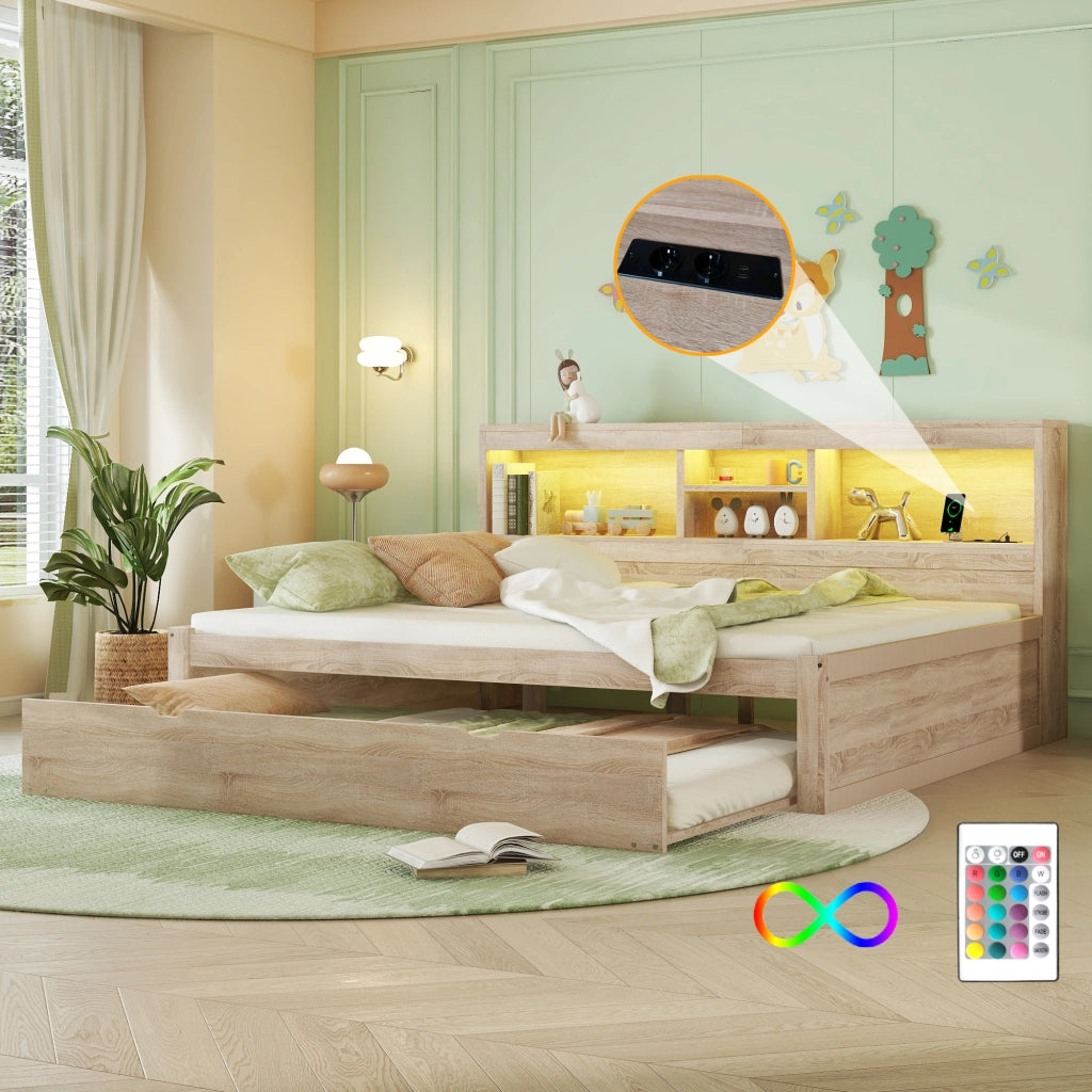Letto con letto estraibile 140 × 200 cm con LED; prese USB e vano laterale in truciolare e MDF naturale