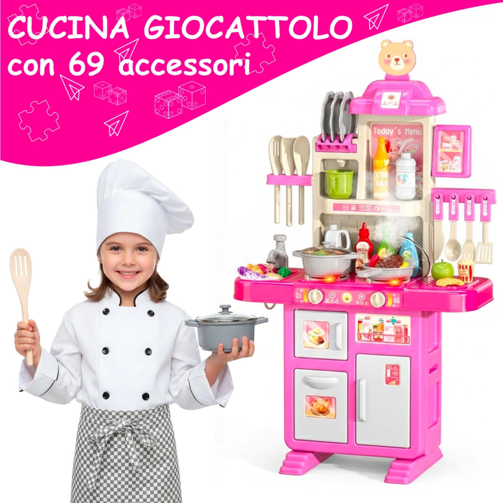 Cucina Giocattolo Per Bambini Con Effetti Luminosi E Suoni Realistici 69 Accessori Rubinetto Con Sistema Di Riciclo Dell'Acqua E Fornelli Per Bambini Dai 3-5 Anni Set Cucina Rosa E Bianco