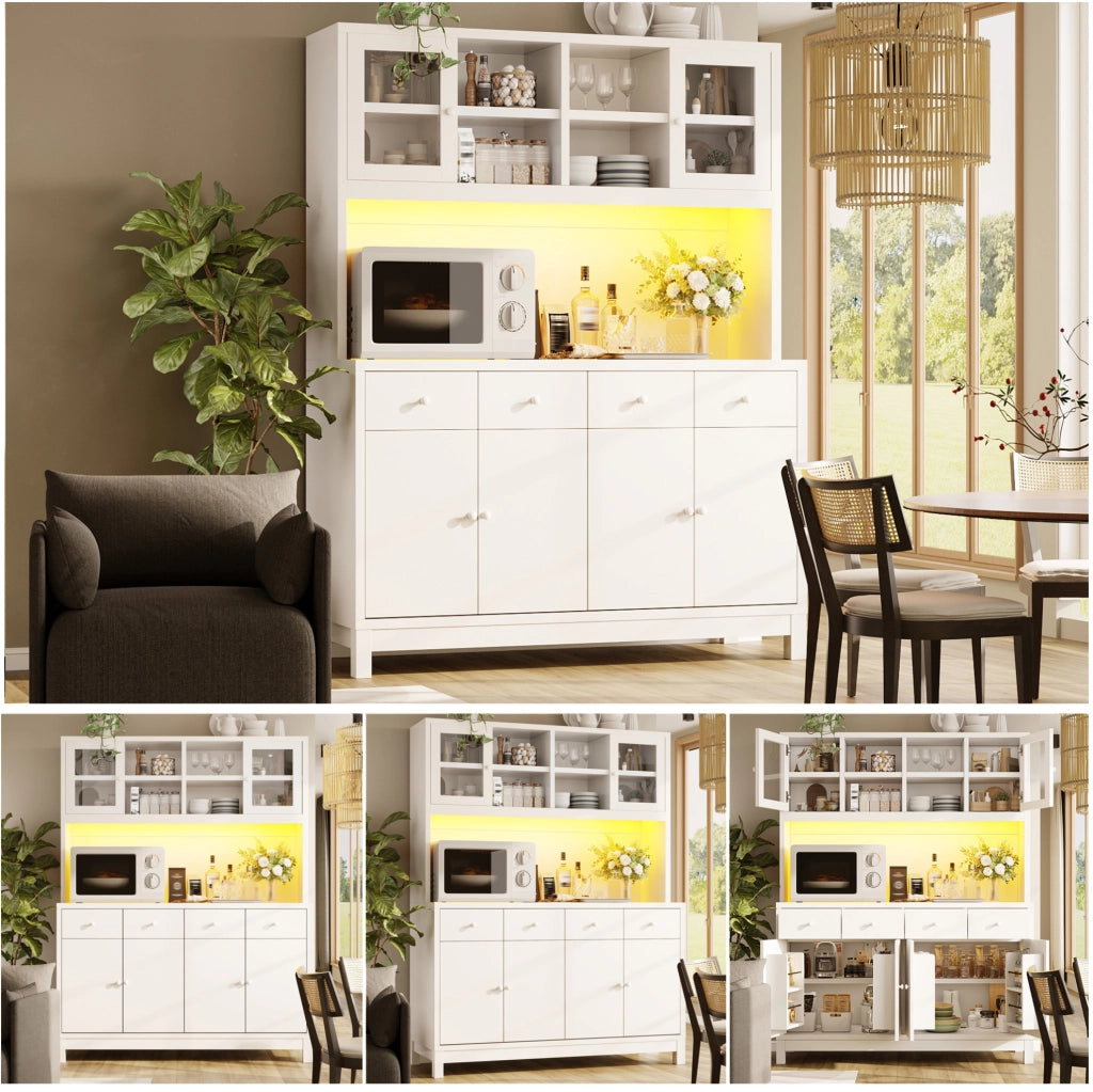 Credenza alta 140x38,5x180 cm in MDF bianco, LED RGB e 4 cassetti