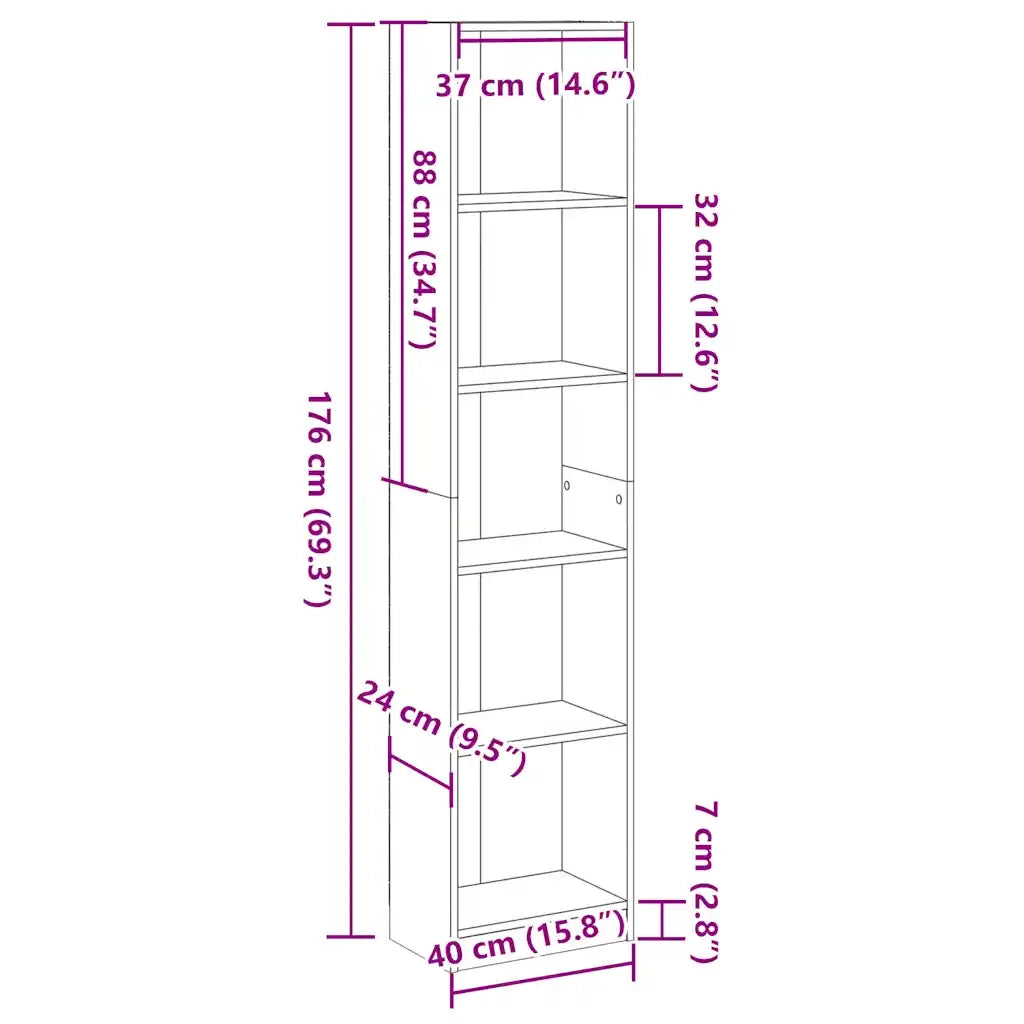 Libreria-Scaffale per Libri-Mobile di Stoccaggio Grigio Cemento 40x24x176 cm in Legno Multistrato