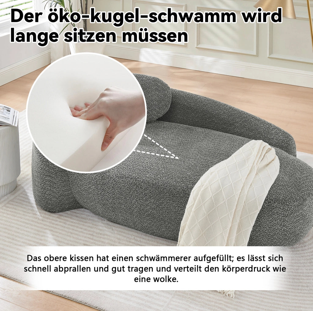 Divano minimalista grigio in tessuto Teddy, imbottitura in schiuma ad alta elasticità, design arrotondato per soggiorno e camera da letto