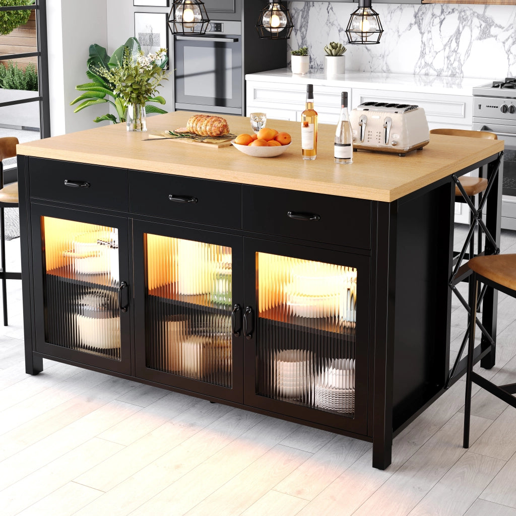 Isola da cucina con 3 cassetti e ante in vetro LED MDF nero 150 × 80 × 90 cm