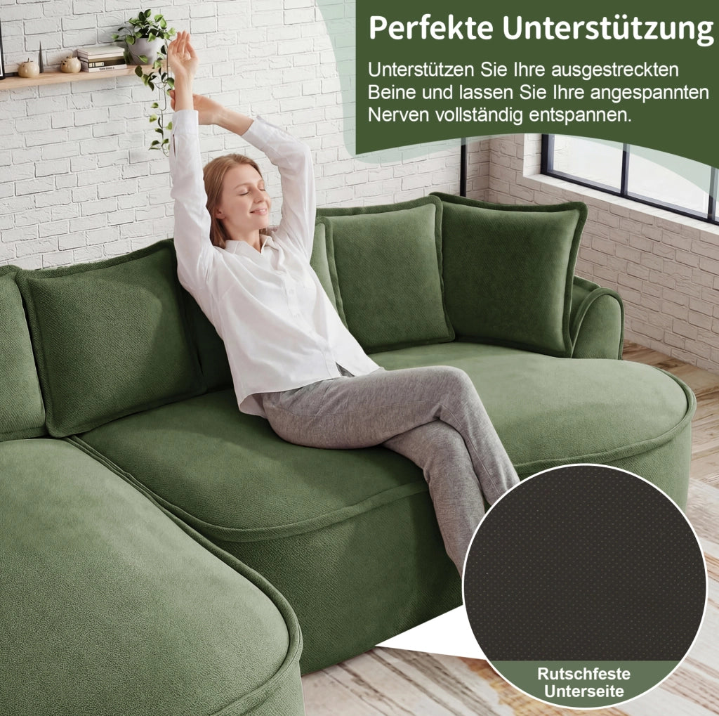Divano modulare doppio verde in tessuto chenille, design senza telaio con chaise longue extra profonda e cuscini inclusi