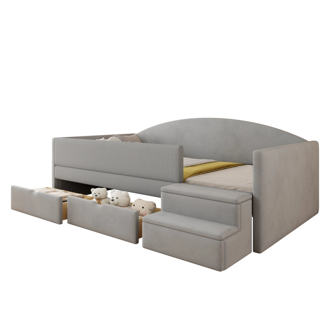 Letto per bambini 90 × 190 cm con 2 cassetti; barriere e gradini; senza materasso; imbottito grigio chiaro