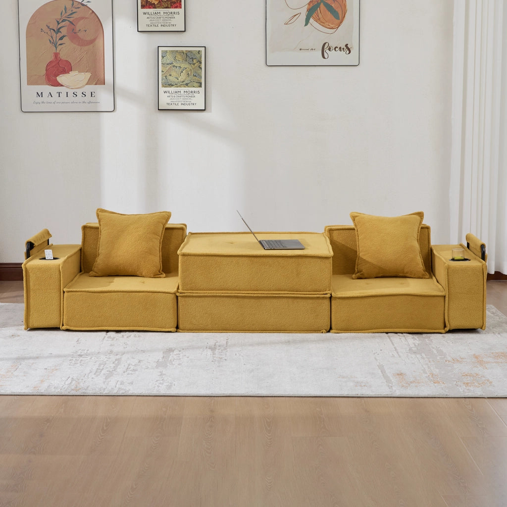 Divano letto 2 sedili convertibili con letto matrimoniale; pouf con portaoggetti e porta tazze; cuscini 2; velluto a coste; Giallo