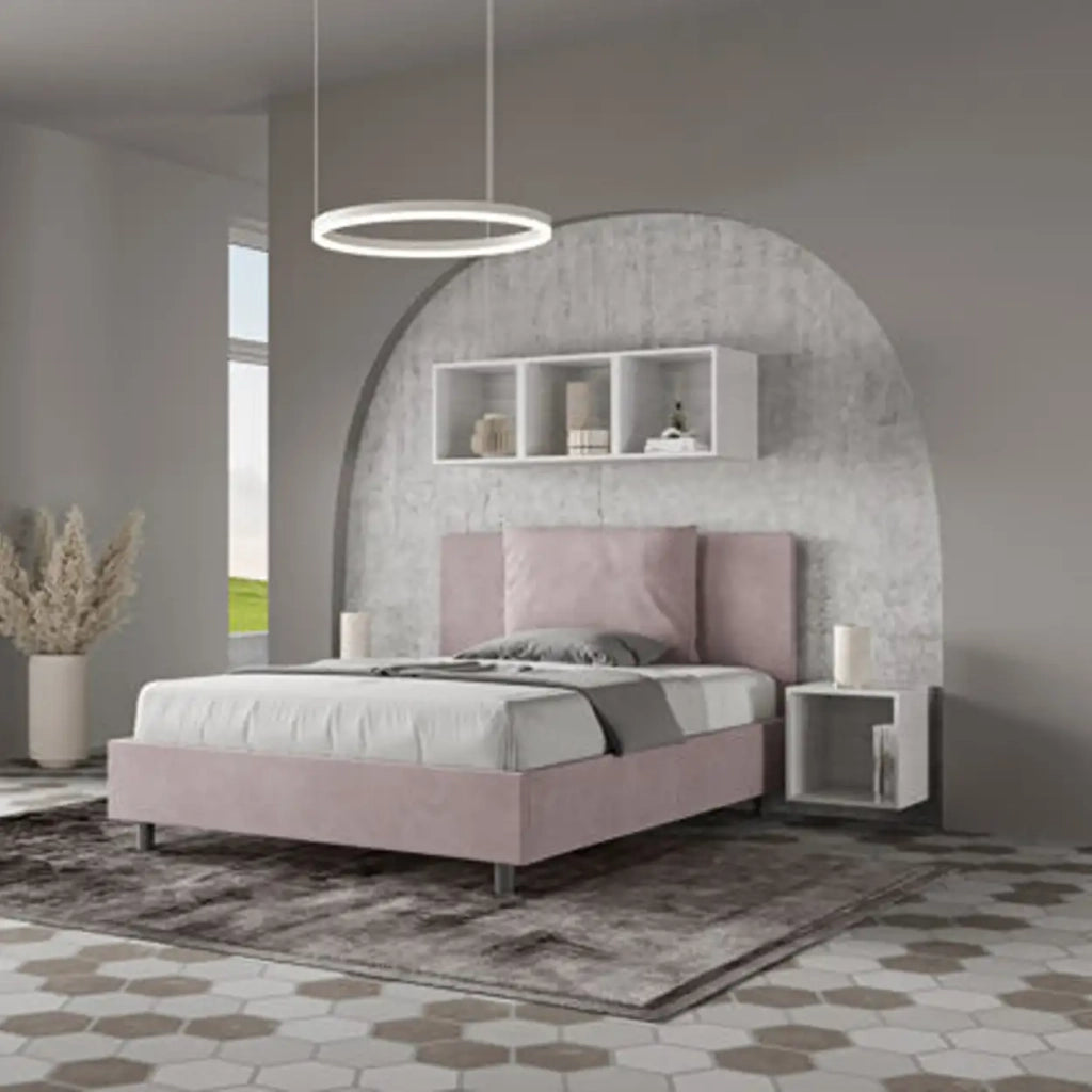 Letto matrimoniale francese con rete imbottito 140x190 microfibra glicine Antea
