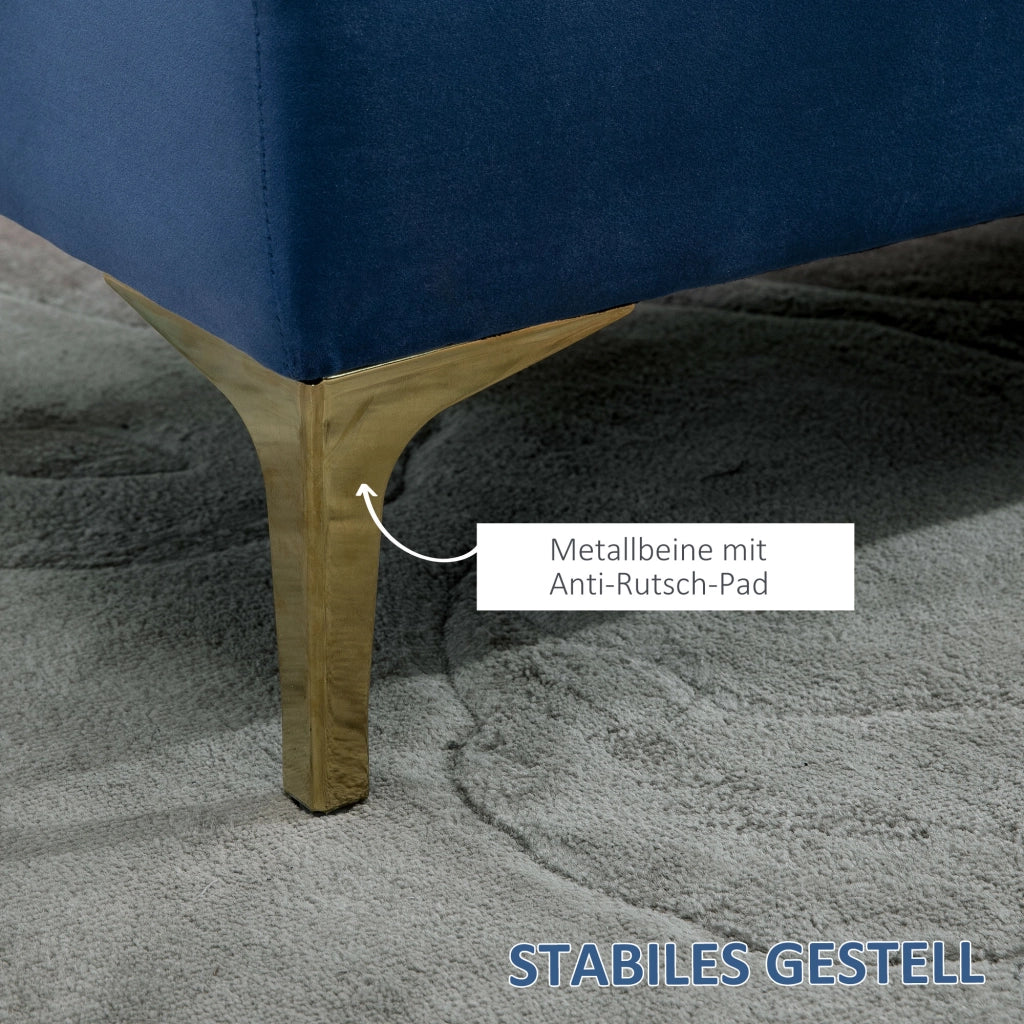 Panca imbottita multifunzione con seduta capitonne e piedi metallici in velluto blu e oro 118×45×42 cm