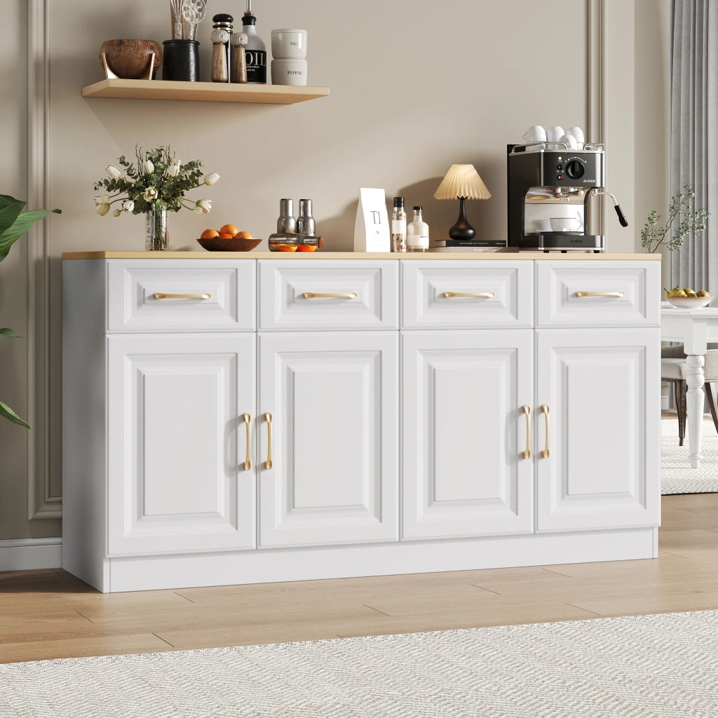 Credenza con 4 ante e 4 cassetti ripiani regolabili in pannello truciolare bianco e rovere 140 × 40 × 75 cm