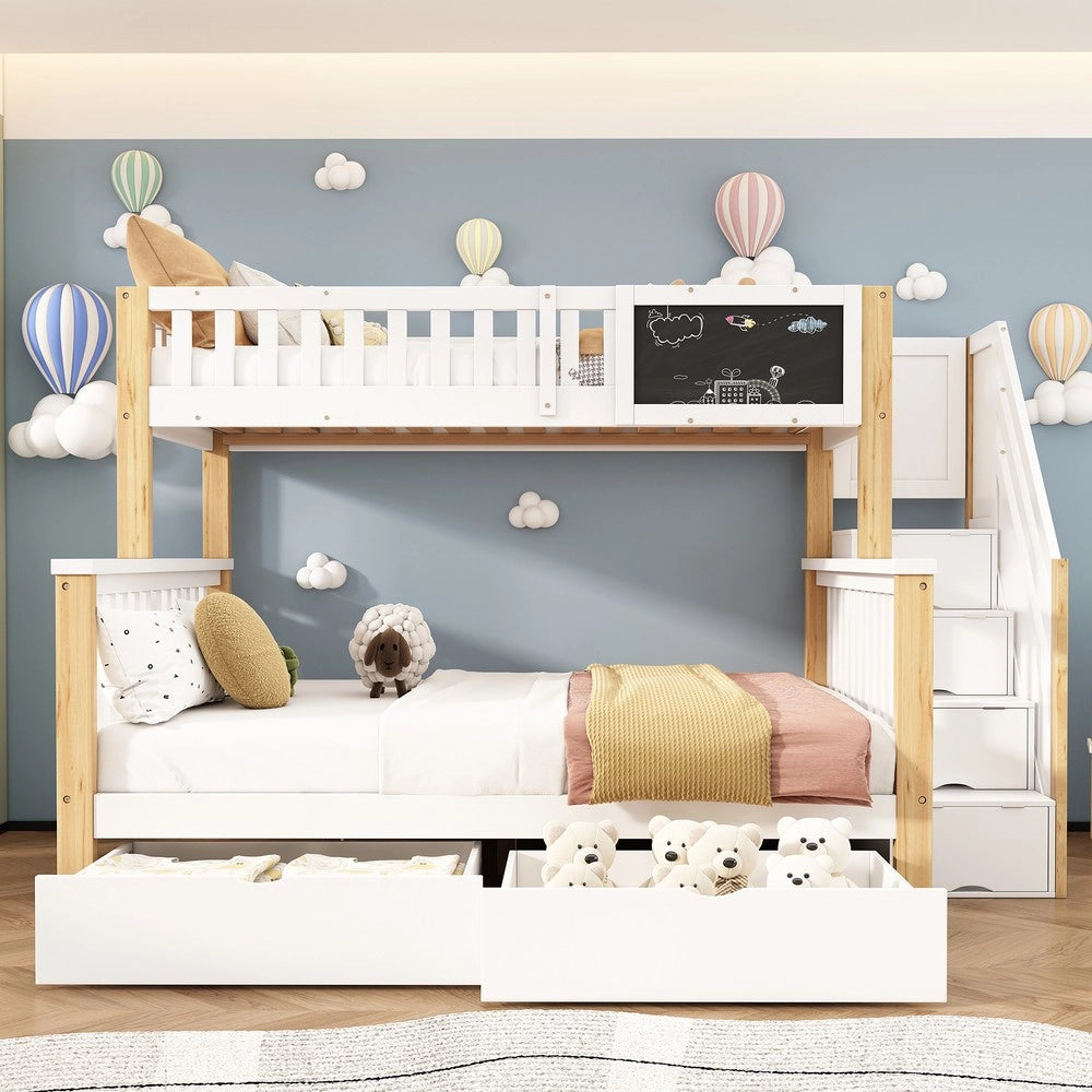 Letto a Castello Bambini con Cassetti e Lavagna ¨C Xylo ¨C Bianco/Rovere, 90x200+140x200