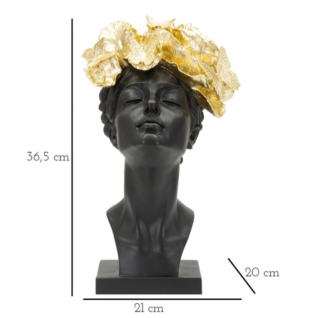 Scultura Donna con farfalle sul capo in resina nera e oro