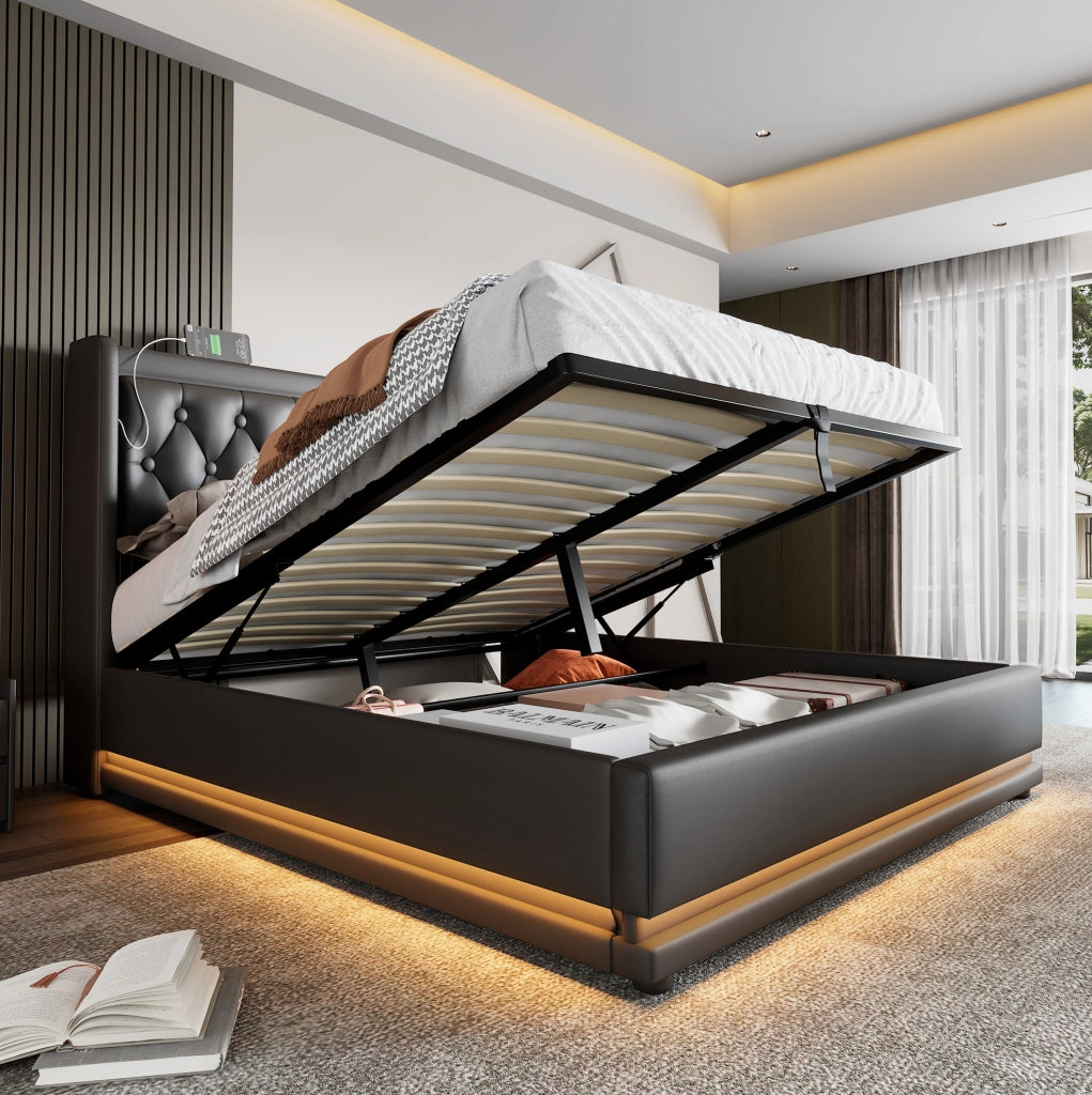 Letto matrimoniale con contenitore, LED e ricarica USB Type-C