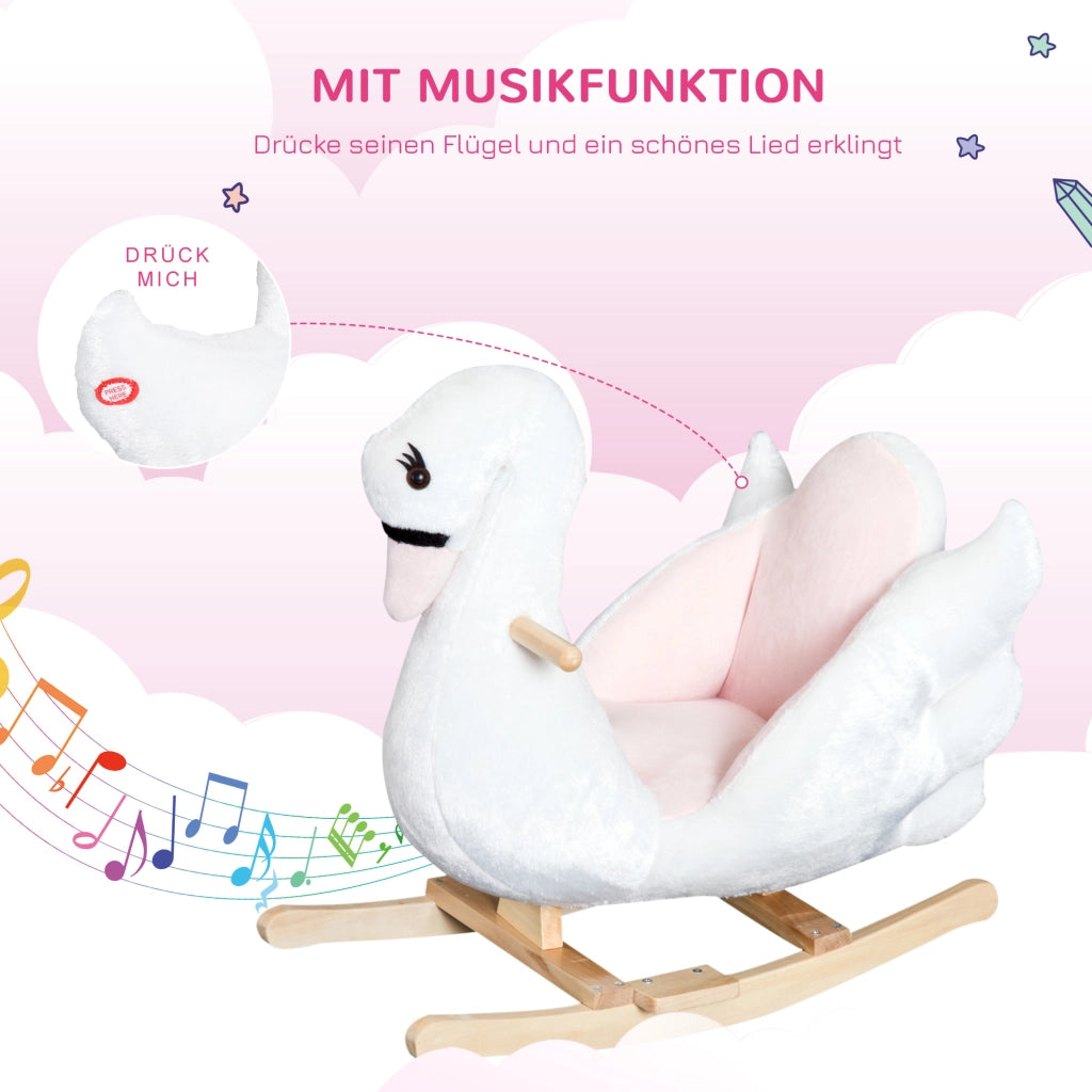 Animale a Dondolo per Bambini a Forma di Cigno 55 cm Peluche e Legno con Cintura di Sicurezza e Musica per Casa