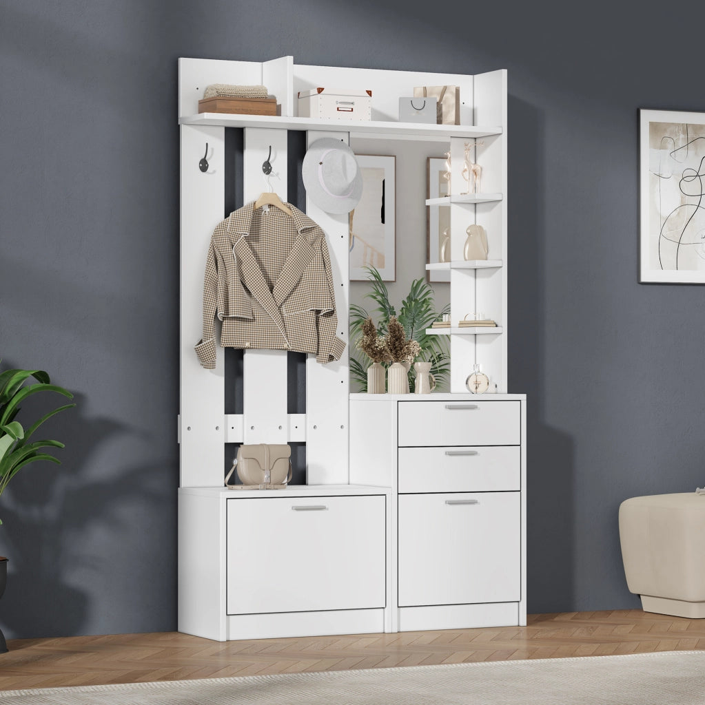 Mobile ingresso 110x34x185 cm bianco MDF con specchio e scarpiere