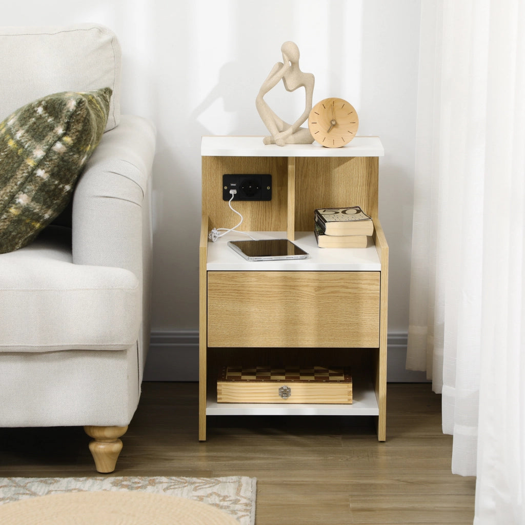 Comodino moderno con 2 prese USB e cassetto ¨C zephmum ¨C 40x40x60cm, colore legno