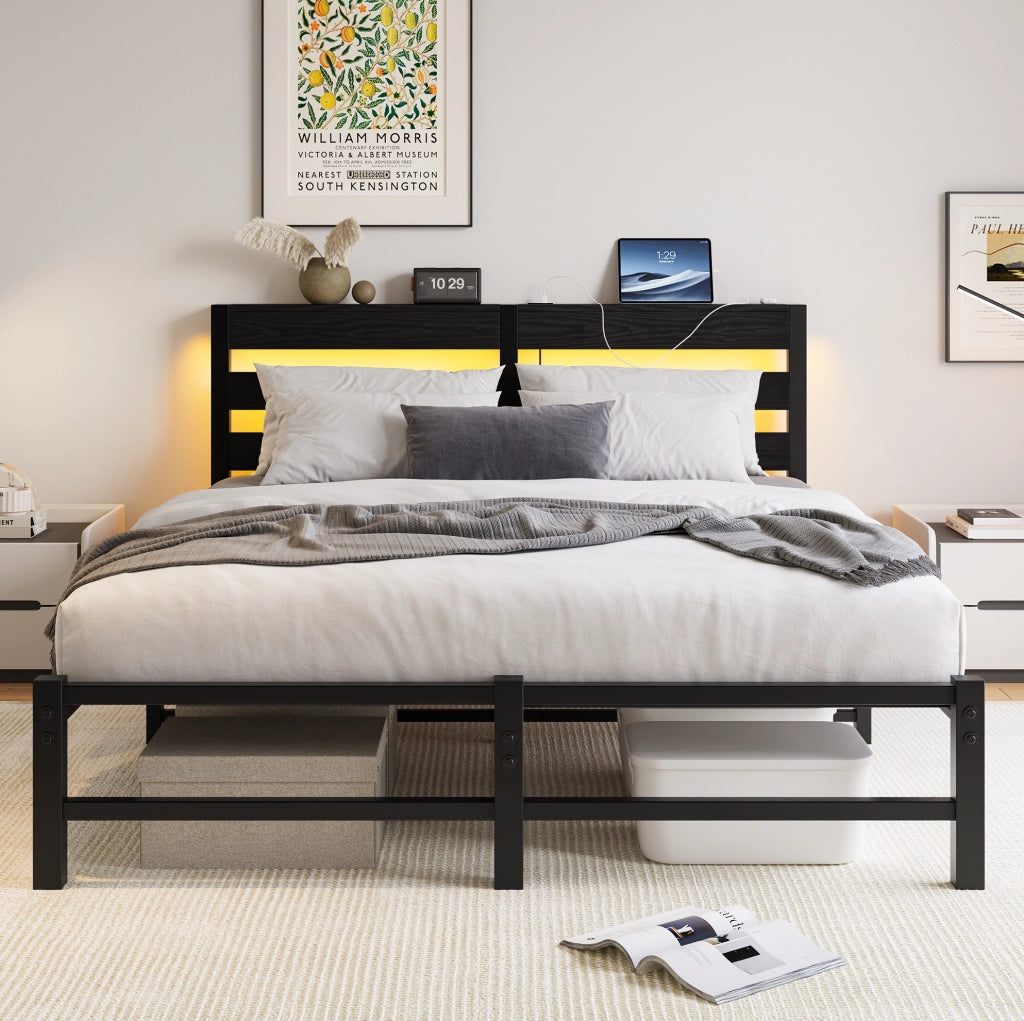 LETTO 140x200 cm in Metallo Nero con LED RGB, USB e spazio sotto letto