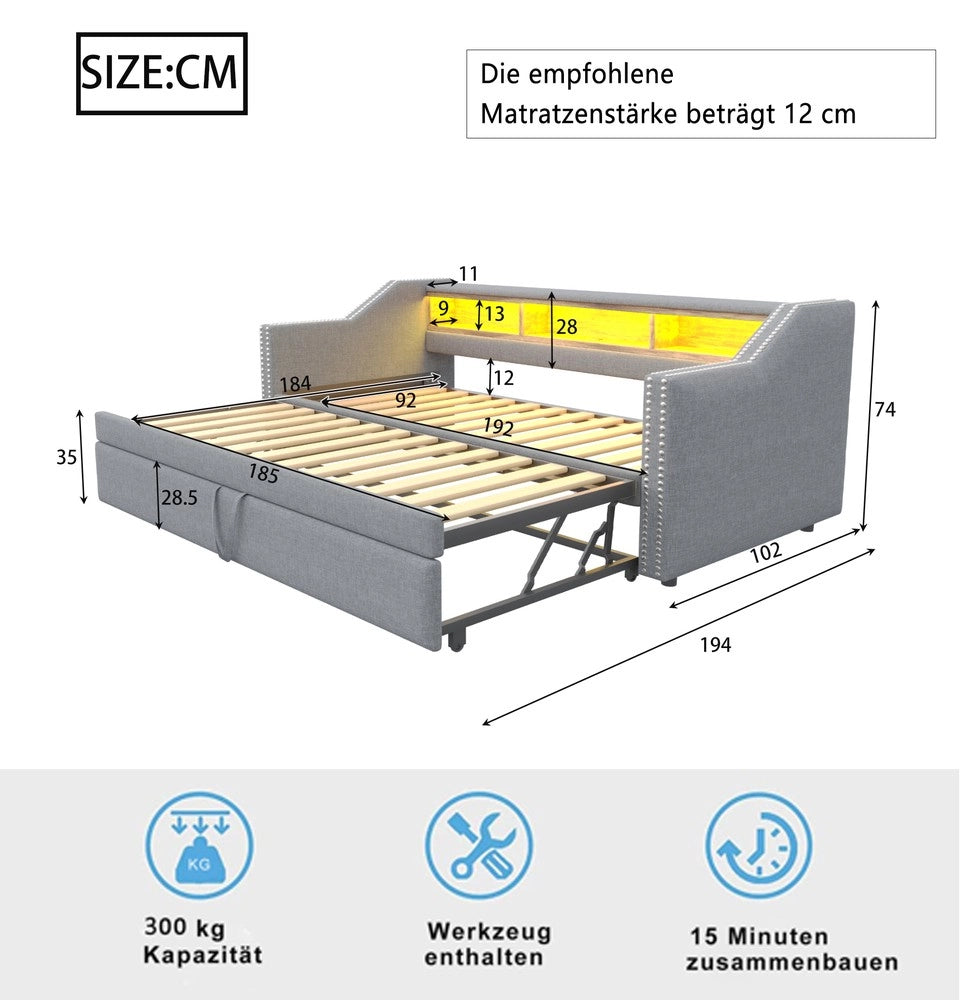 Letto Imbottito Estraibile con Contenitore, LED e Rete a Doghe ¨C Xylo ¨C 90/180x190 cm, Grigio Chiaro