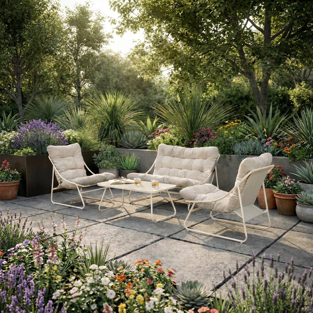 Set salotto da giardino Vivo, divano 2 posti + 2 poltrone + tavolino rettangolare, con cuscini