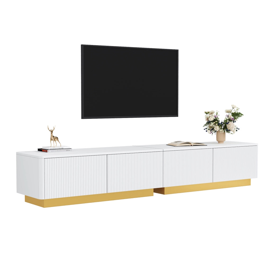 Mobile porta TV bianco largo 200 cm, frontale scanalato verticale, MDF e pannello truciolare