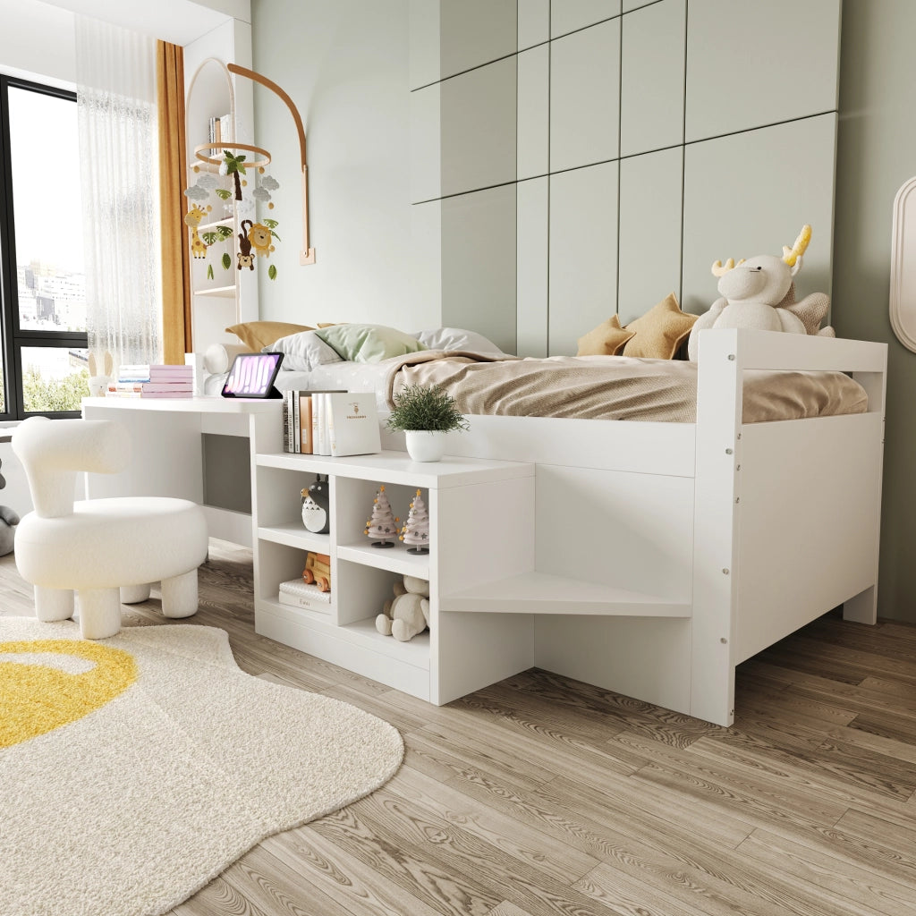 Letto per bambini in legno 90 x 200 cm con scomparti e scrivania con prese standard europeo, letto singolo - Bianco